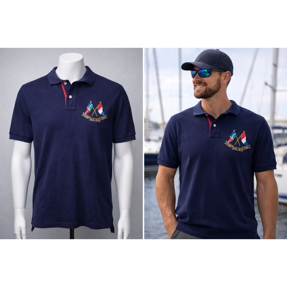 Polo Ralph Lauren Graphic Polo Shirt Mens S Blue RL-67 Peace Crest Flags Preppy